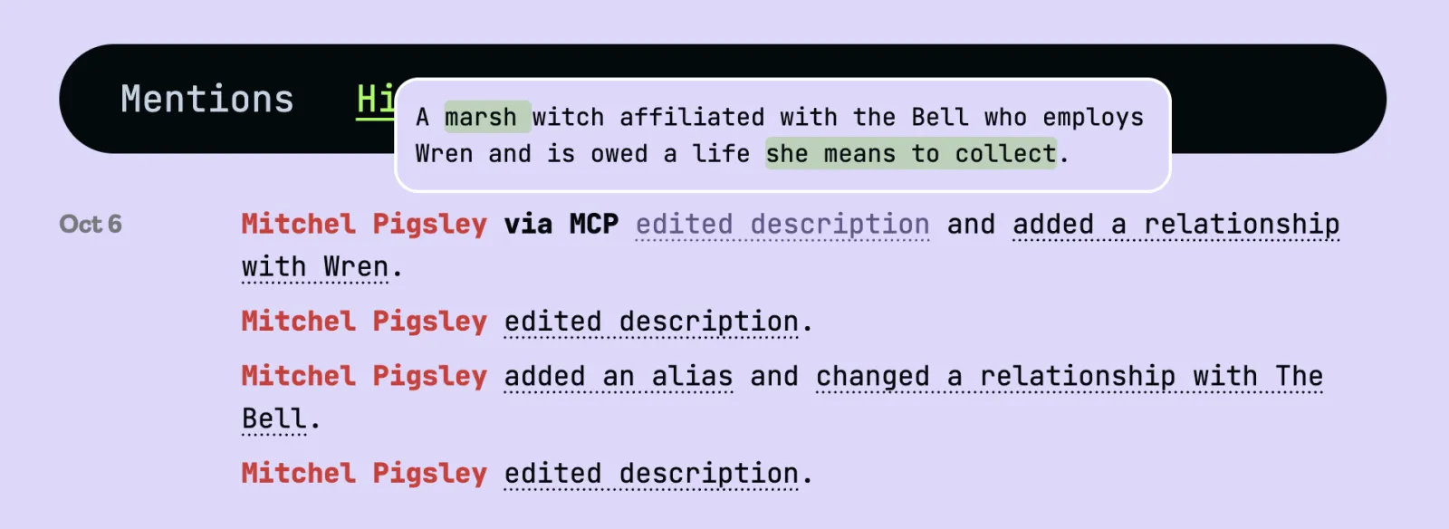 A History popup showing a description's wording before and after a change