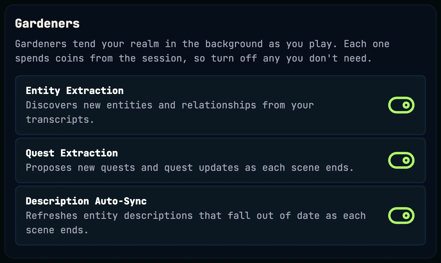 The Gardeners panel in realm settings, with switches for Entity Extraction, Quest Extraction, and Description Auto-Sync