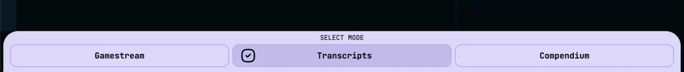 The realm mode navigator showing Gamestream, Transcripts, and Compendium