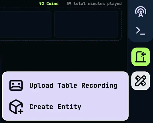 The Story Tools panel showing Upload Table Recording and Create Entity
