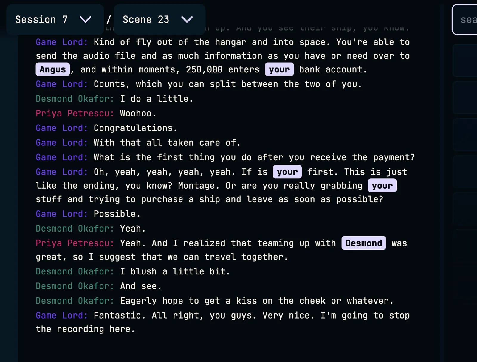A session transcript at Session 7, Scene 23, every line credited to the Game Lord, Desmond Okafor, or Priya Petrescu, with Angus and Desmond linked to their compendium entries