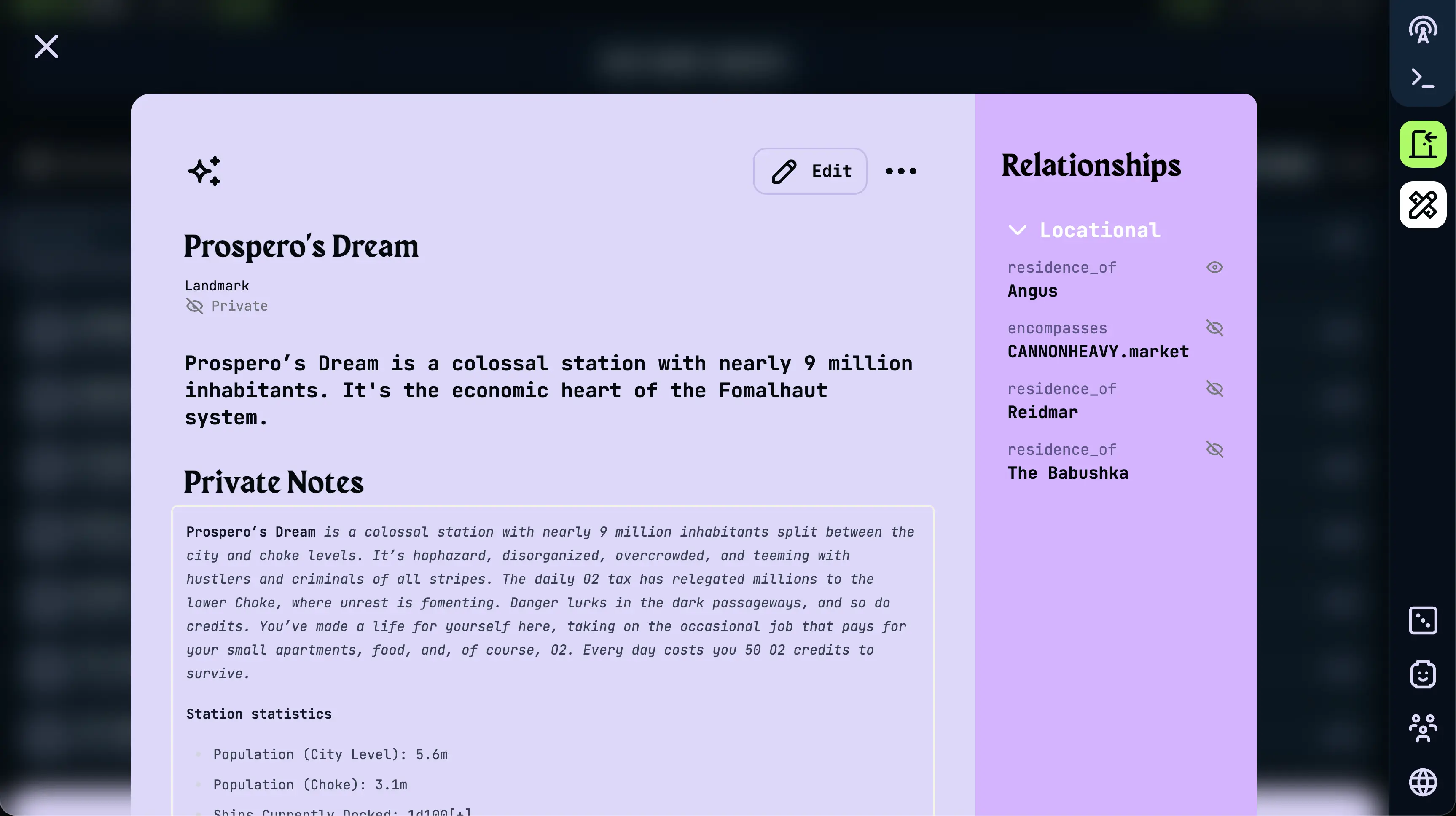 A compendium entry open beside the session it came from, showing a description and connected entities