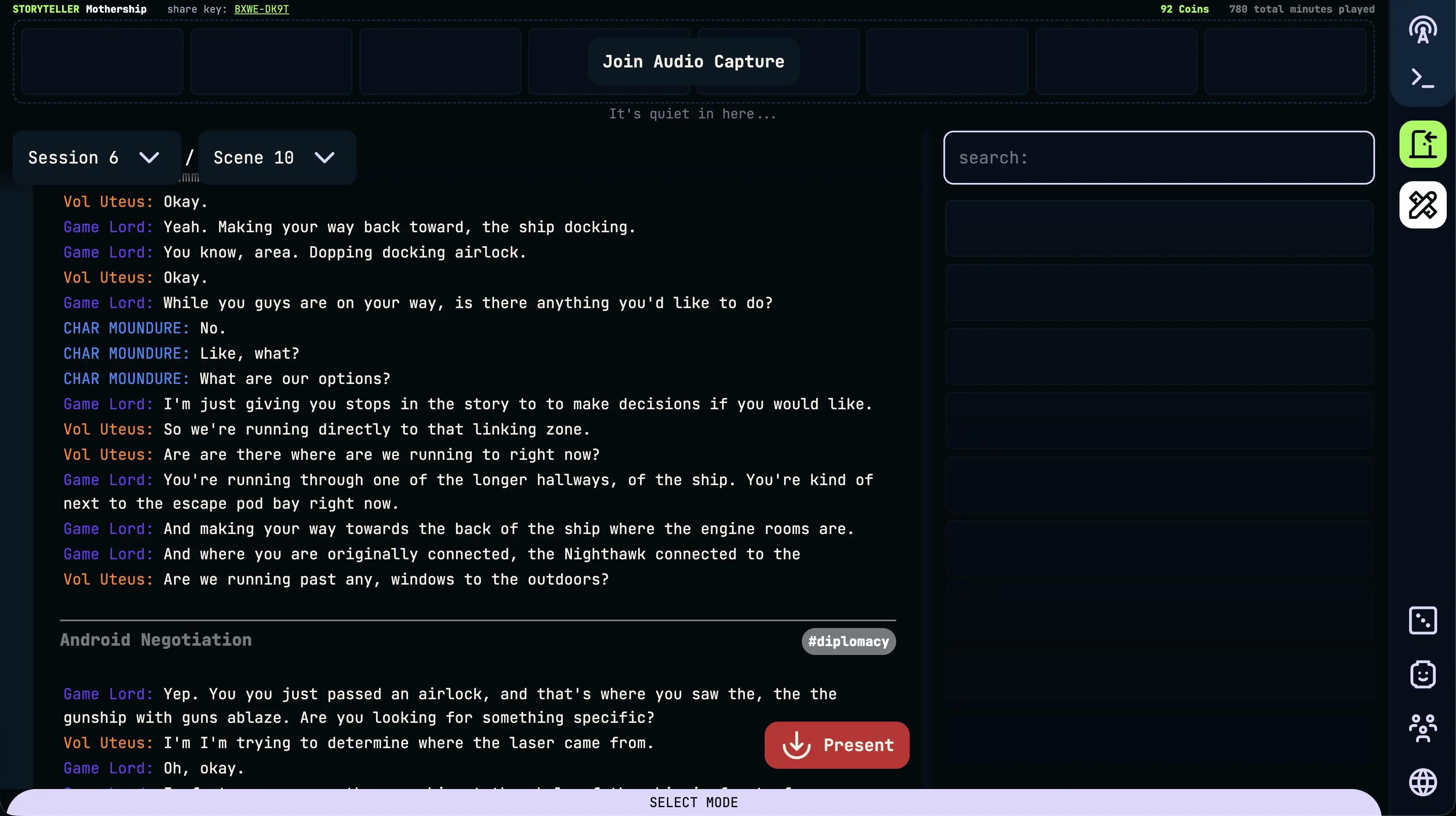 A live transcript in a realm, each line colored by speaker, with a scene heading between two stretches of dialogue