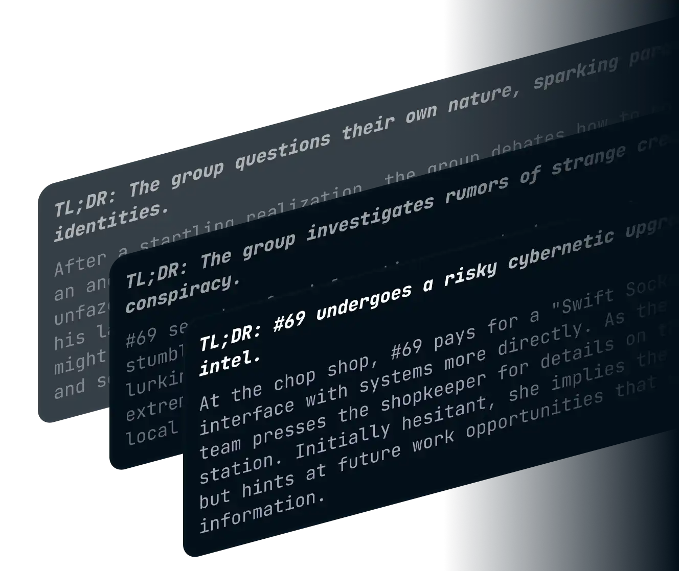 Three stacked scene recap cards, each opening with a one-line TL;DR followed by a few sentences on what happened in the scene